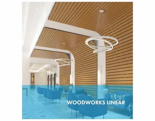 Rectangular Brown Wooden Ceiling Woodworks Linear Veneered Panels, For Office, Thickness: 120 mm