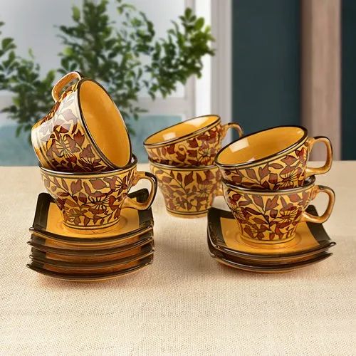 Handpainted Mughal Art Ceramic Cup with Saucer (Set of 6, Brown and Sand Yellow)