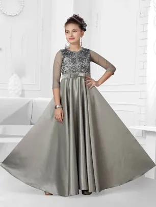 Pretty Grey Satin Evening Gown With Three-Fourth Sleeves