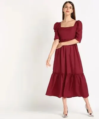 Party Wear Plain Ladies Maroon Cotton Long Dress