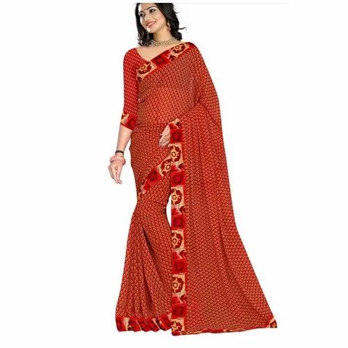 Red Causal Wear Printed Saree, Machine Made, 6.5 m