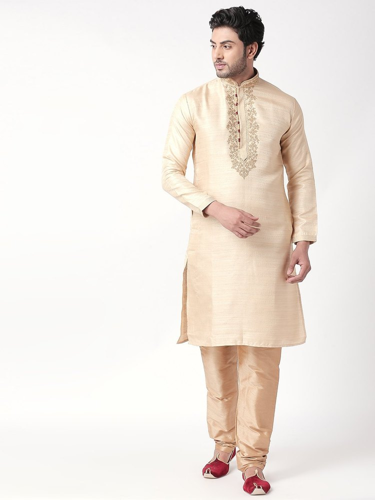 Casual Embroidered Mens Cotton Blend Straight Ethnic Kurta ( Cream), Chinese