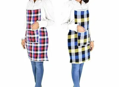 Multicolor Checked Cotton Check Waterproof Kitchen Apron - Set of 2, Size: Medium