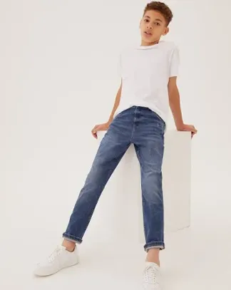 Marks & Spencer Plain Cotton Jeans & Trousers (BOYS, MID BLUE, 7-8 Y)