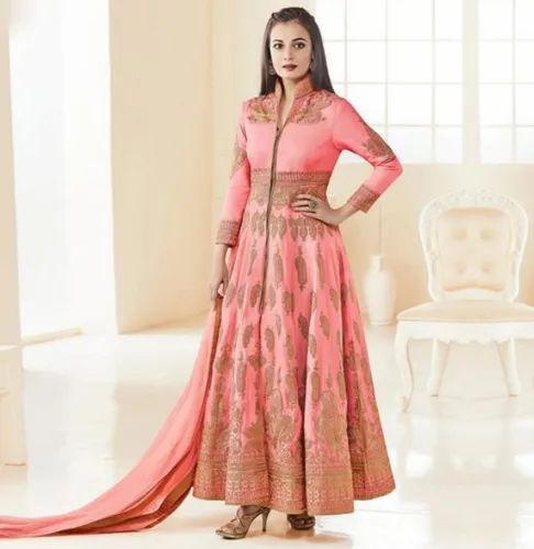 Peach Heavy Embroidered Work Anarkali Suit, Adult