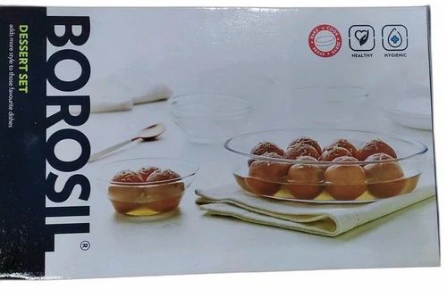 Transparent Glass BOROSIL Dessert Set- 1 Oval Dish + 6 Katories