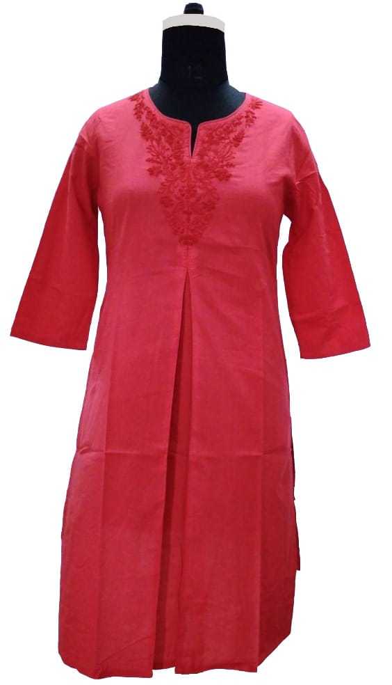 3/4th Sleeve Long Pink Cotton Chikankari Kurti