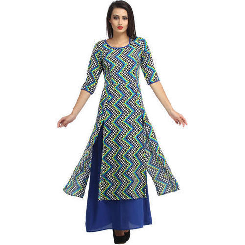 Blue And Green Floral And Geometric Cottinfab Women's Layered Long Dress