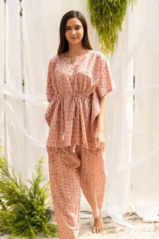 GAABA Divine Peach Kaftan Kurta Pant Set, Size: S - Xxxl