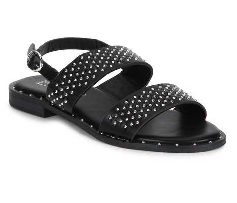 Black Pu Studded Ankle Strap Flat Sandals