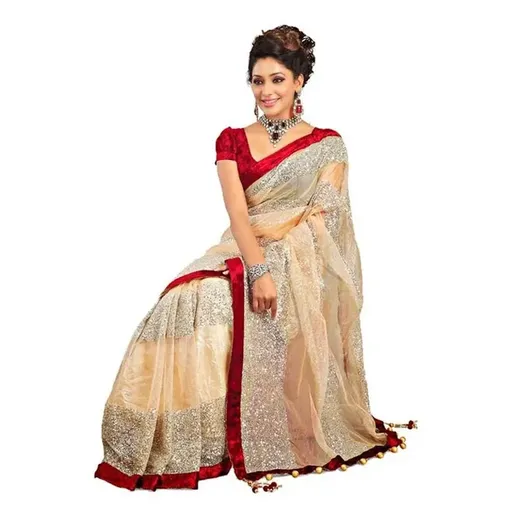 Elegant Beige & Red Net Designer Saree