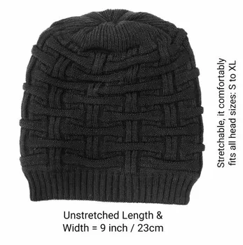 Black Woolen Knitted Cap for Men Women with Fur Inside, Size: Free, Winter