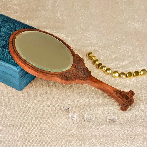 Handcrafted Polished Sheesham Wood Hand Carved Handheld Mirror, For Household, PWC76