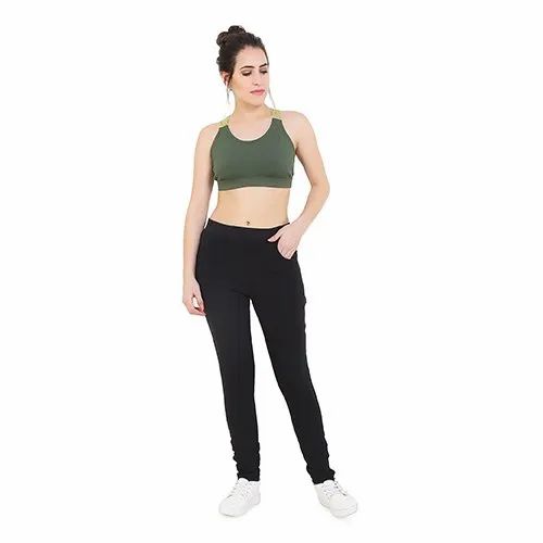 Female Casual Black Plain Track Pant with Pockets