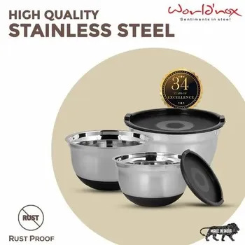 World'nox Silver Steel Storage Bowl With Plastic Lid, For Home & Hotel, Size: 17cm,21cm & 25cm