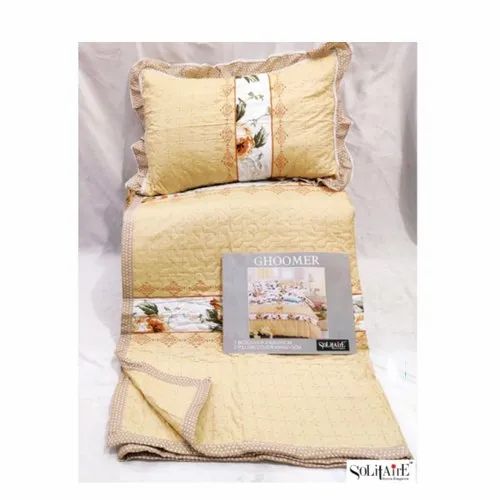 Solitaire Yellow Ghoomer Bed Cover With 2 Pillow Cases With Frill, Size: 240 X 260 Cm