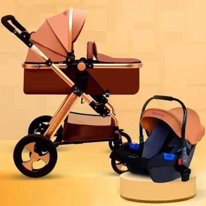 3-In-1 Stroller Pram Travel System with Car Seat -Khakhi -High Ground Clearance-Explosion-Proof Rubber Wheel