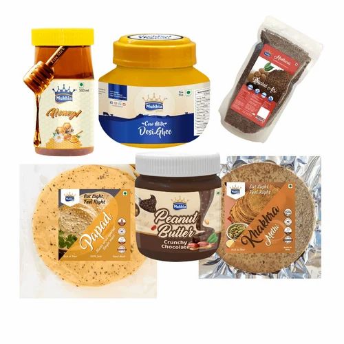 Mukhia Ghee 500ml +honey 500gm + Khakhra Methi 200gm + Papad 200gm +roasted Alsi  Mukhwas  + Peanut Butter Chocolate 350gm