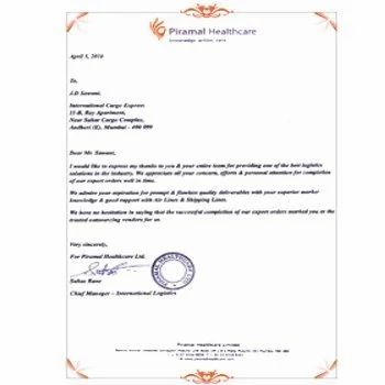 Certificate of Appreciation from Piramal Healthcare Ltd