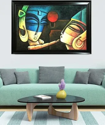 Gallery99 Blue & Yellow Krishna with Radha Painted Canvas Wall Art (Onesize) by Myntra