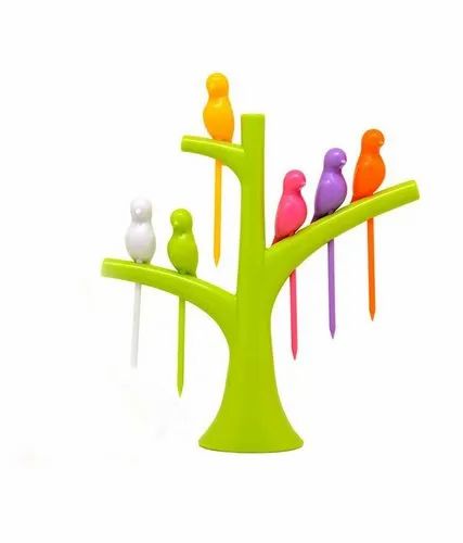 Bird/Chidiya Fruit Forks, Bird Fruit Fork Set With Tree Stand (With Box) Multicolour