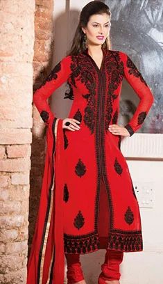 Red Georgett Churidar Party Wear Suits