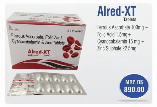 Alred XT Ferrous Ascorbate Folic Acid Cyanocobalamin Zinc Tablets, Packaging Type: Box
