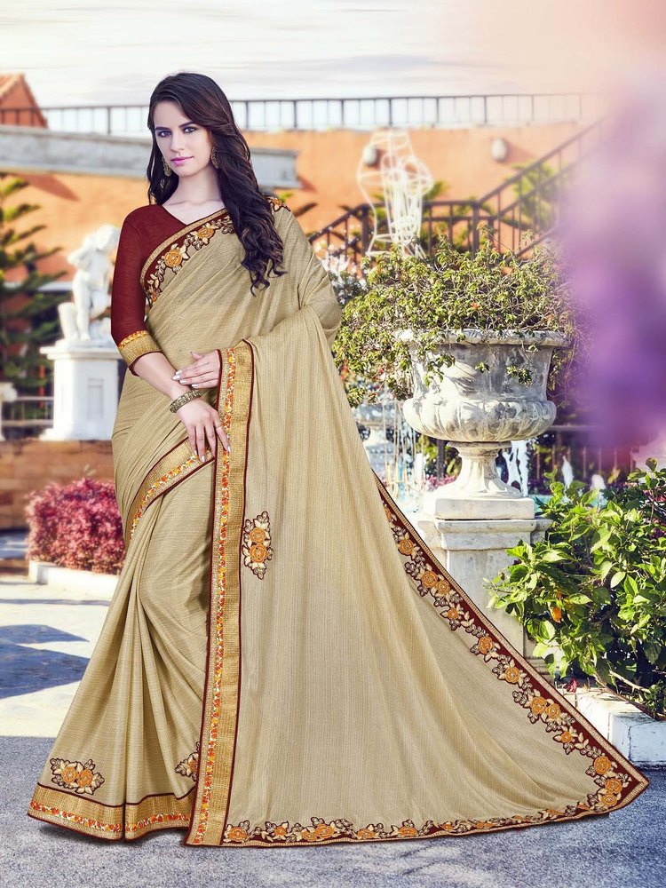 Knitting Embroidered Beige Color Saree