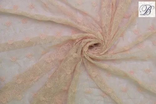 Pink Embroidered Net Fabric, Width: 44-45"