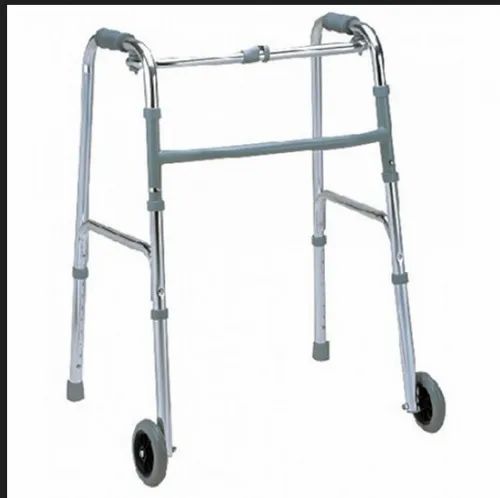 Height Adjustable Silver Foldable Walker With Wheel