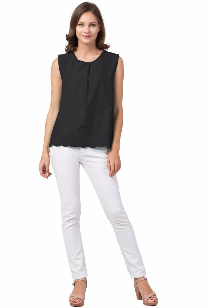 Solid Blouson Top With Designer Embrodaried & Gather, Has A Round Neck, Sleeveless