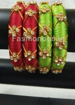 Floral Stone Worked Silk Thread Bangle Pair Green / 2.4