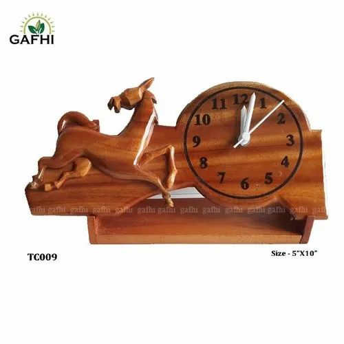 Brown Hand Made Wooden Crafts (Horse With Clock ), For Decoration, Size: 5"x10"