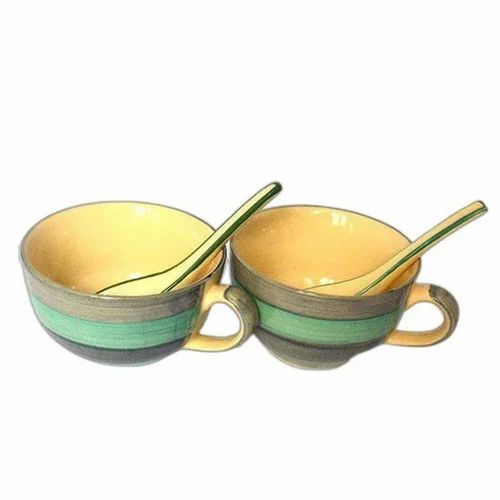 Yellow (Inner) Round Glossy Ceramic Soup Bowl Set, For Home, Size: 4 Inch (diameter)