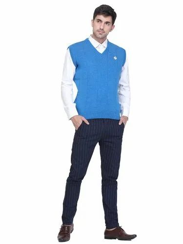 V Neck Full Sleeves INDLON Mens Brilliant Blue Plain Sleeveless Sweater