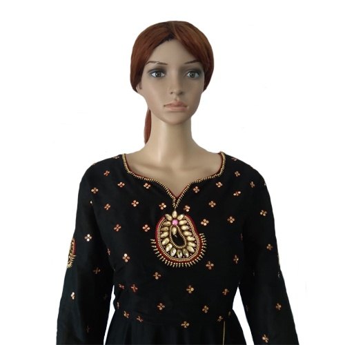 Regular Full Sleeve Hand Embroidered Cotton Chanderi Floor Length Kurti, Wash Care: Dry clean