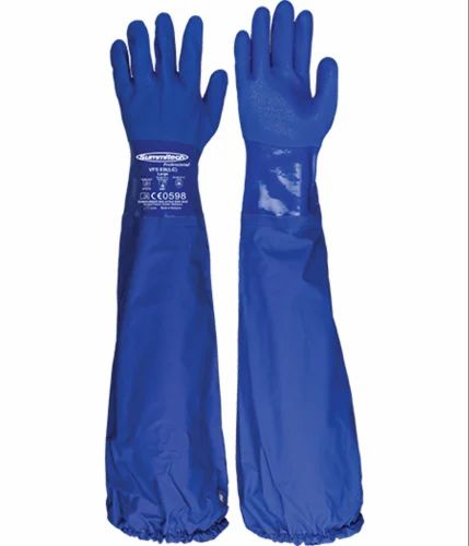 Dotted Blue PVC Full Dipped Gloves With Extra Long Sleeve, 16-20 Inches, Model Name/Number: Vf5 Eb