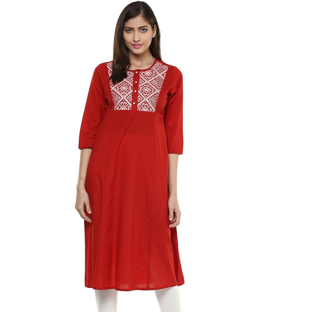 Red Casual Bhama Cotton Embroidery Long Kurta