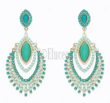 Eluceo Fashion Trendy European Blue And Sea Green Ethnic Stone Set Drop Long Earrings