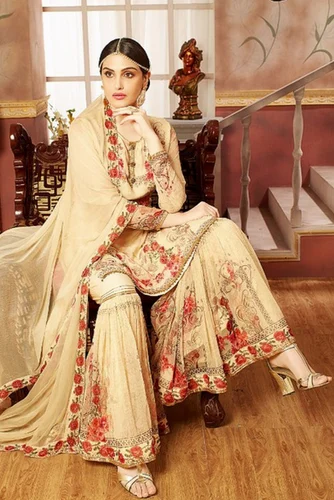 Party Wear Georgette Cream Color Fancy Sharara Suit With Printed Work
