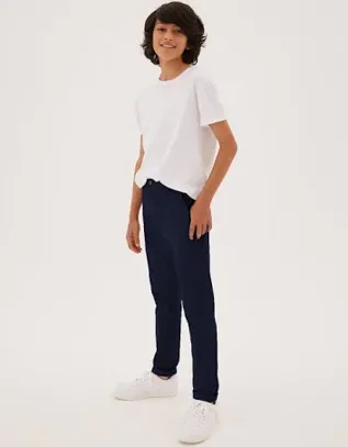 Marks & Spencer Plain Cotton Jeans & Trousers (BOYS, NAVY, 9-10Y)