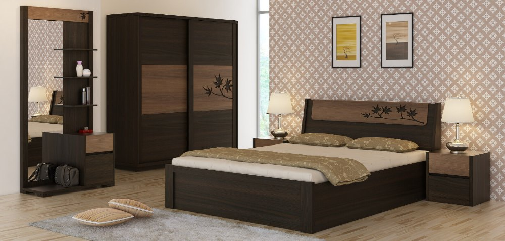 Fumed Oak & Bronze Walnut Queen Wooden 4 Piece Bedroom Set (Maple), For Home