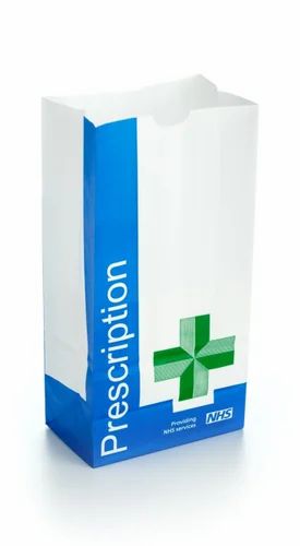 Paper Printed Medical Square Bottom Bag, Size: 3.25 X 2.5 X 7.5 Inch