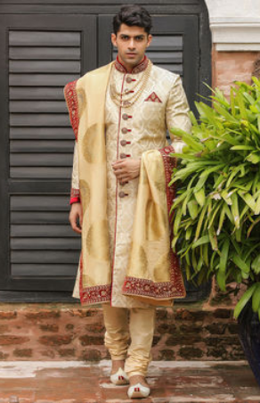 Classic Beige Ethnic Sherwani With the Touch of Maroon Velvet