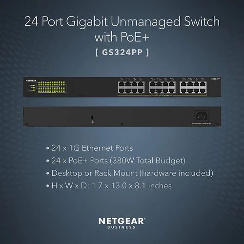 NETGEAR 24 Port Gigabit PoE+ Switch (GS324PP) 380W, LAN  Capable, Grey