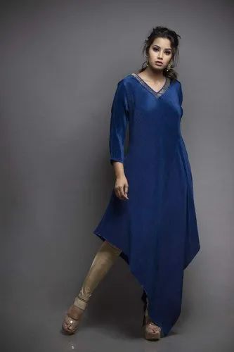 Silk Party Wear Dark Blue V Cut Kurti, Size: S M L XL XXL 3XL 4XL, Wash Care: Dry clean