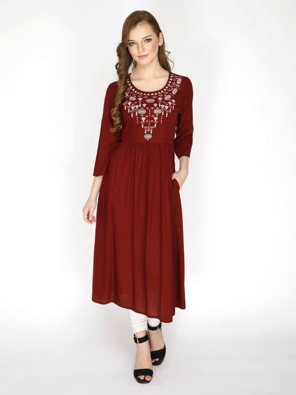 Ladies Maroon Rayon Embroidered Kurti