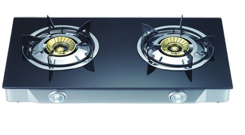 Two Burner Gas Stove, Manual Ignition, Toughened Glass Top Material