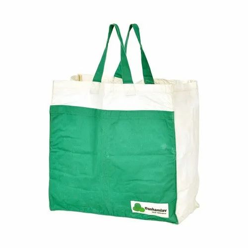Plain White and Green Cloth Grocery Shopping Bags, Capacity: 15 kg