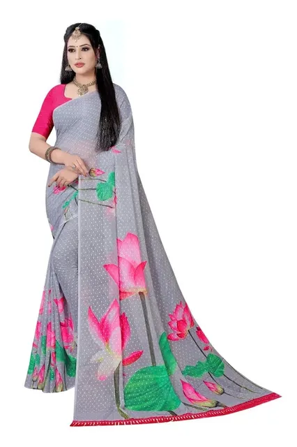 Kartik Tassels Silver Digital Printed Saree, 6.3 m (with blouse piece)